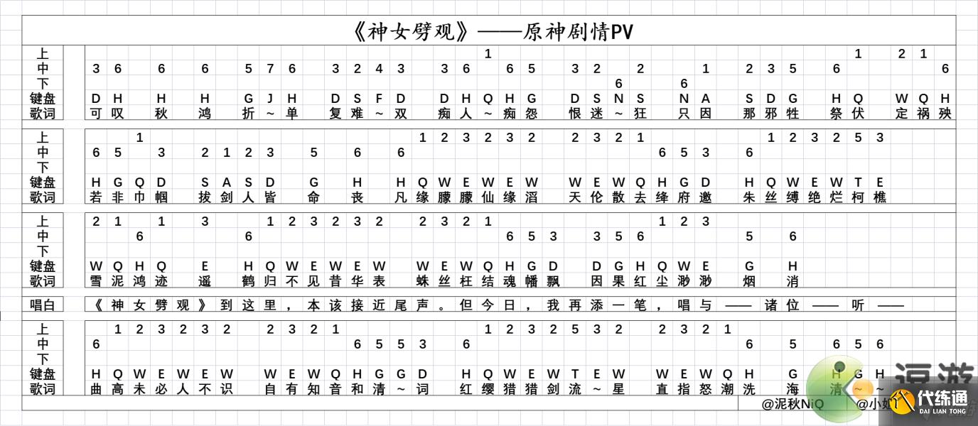 原神神女劈观琴谱分享
