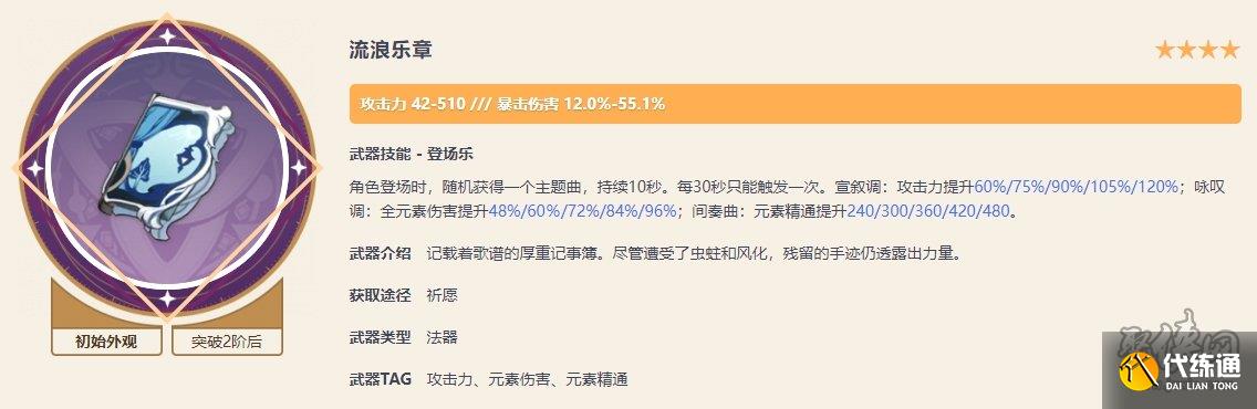 原神流浪乐章适合什么角色 流浪乐章90级属性及强化材料