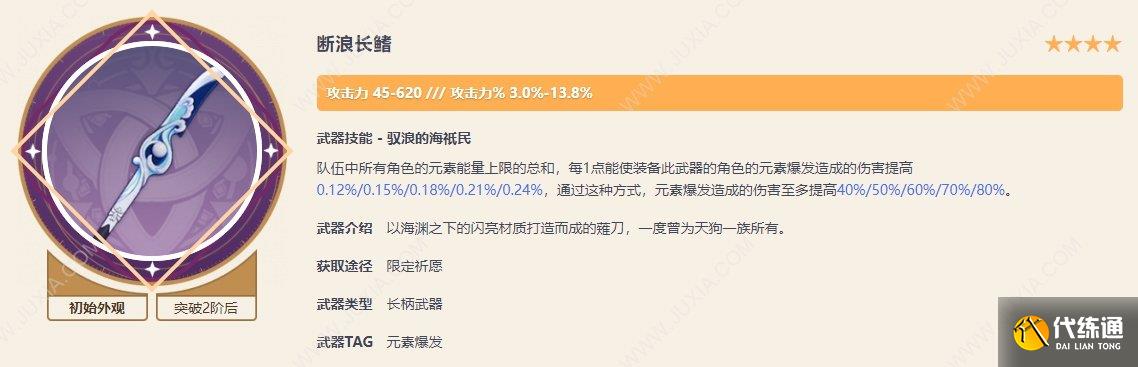 原神断浪长鳍适合谁 断浪长鳍90级面板属性及突破材料