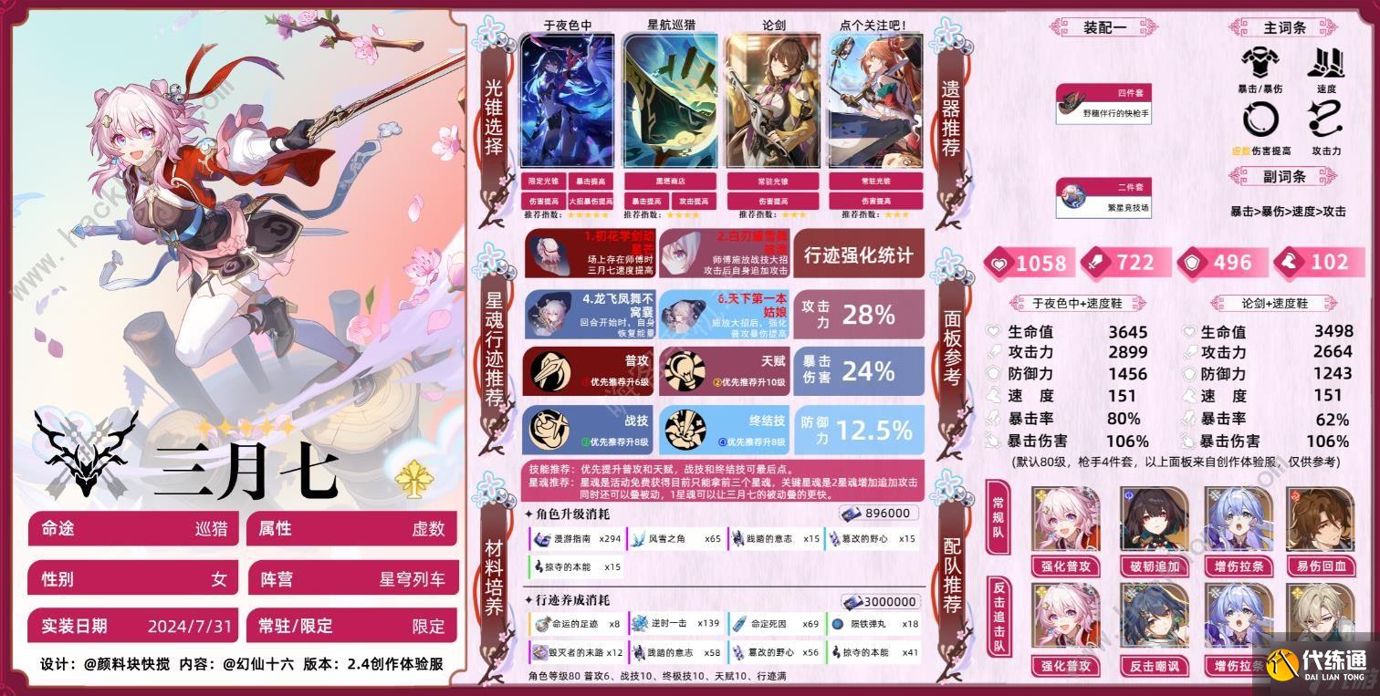 崩坏星穹铁道三月七培养攻略一图流 2.4三月七光锥遗器推荐
